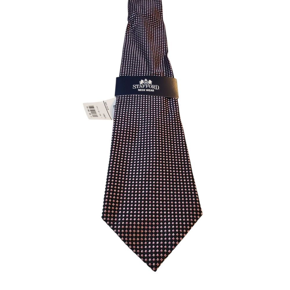 NWT Stafford Neck Tie Mens‎ Designer Luxury Black Pink Embroidered Silk Office